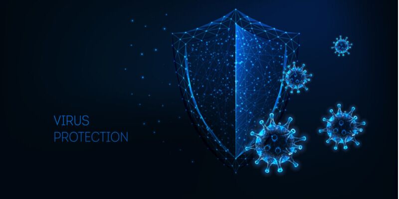 Futuristic virus protection concept with glowing virus cells on dark blue background.